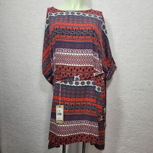 Freeway Boho Geo Stripe Belted Tunic Dress Coral Multi Large 3/4 Sleeve